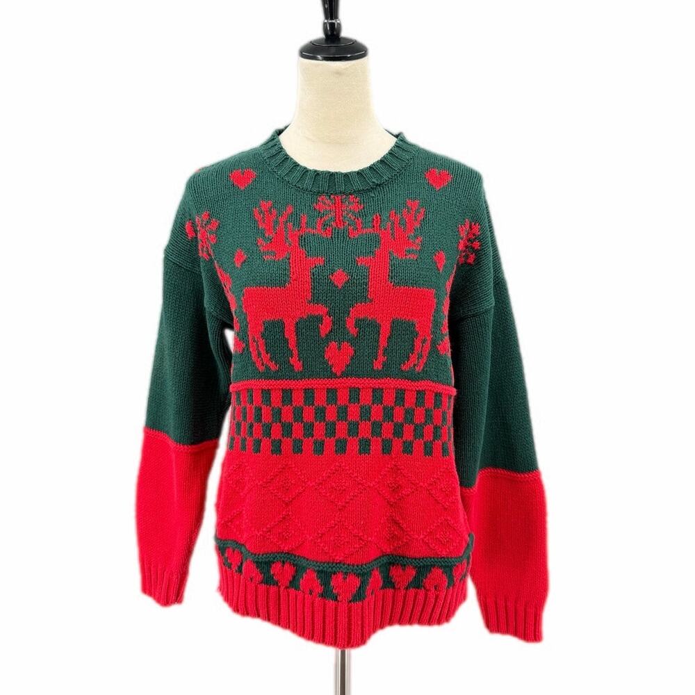 Vintage Casual Corner Hand Knit Christmas Red & Green Reindeer Pullover Sweater